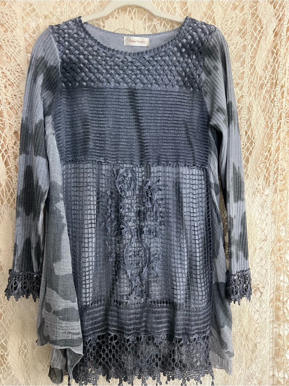 Simply Couture Blue/Gray Layered Crochet Panel Tunic